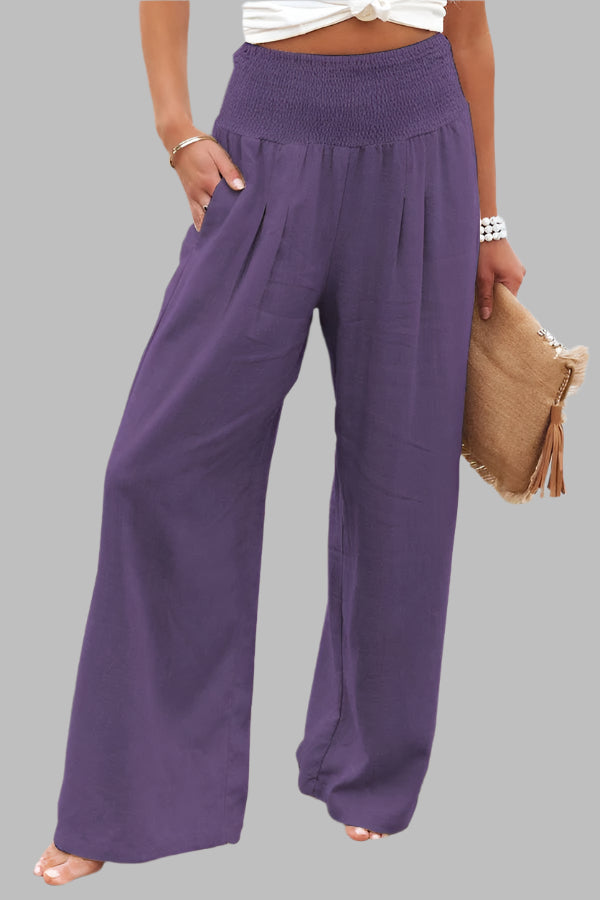 Women's Bohemian Linen Loose Wide Leg Elastic Waist with Pockets Trousers