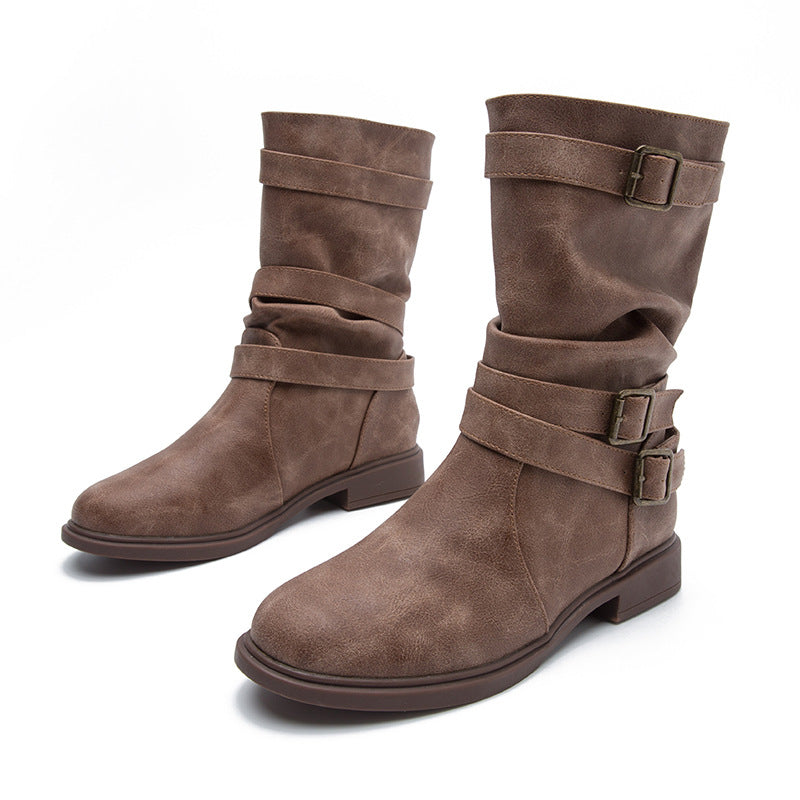 Women's Calf Boots Round Head Flat Heel Motorcycle Boots