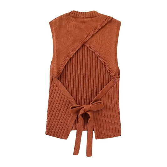 Women's Terracotta Ribbed Open Back Tie Knit Top