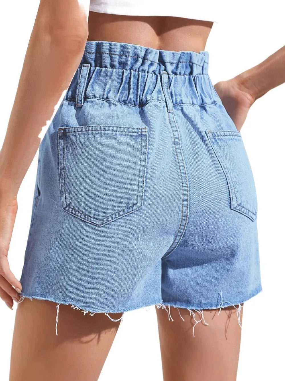 Women's High Waisted Frayed Hem Paper Bag Denim Shorts