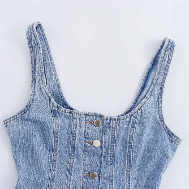 Women's Denim Fitted Dress Sleeveless Scoop Neck Button Front Midi Length
