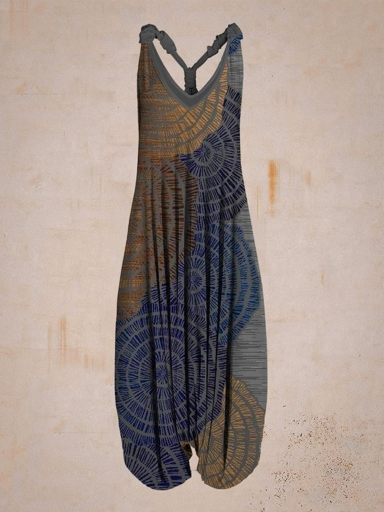 Women's Hippie Style Print Loose Wide Leg Sleeveless Racer Back Jumpsuit