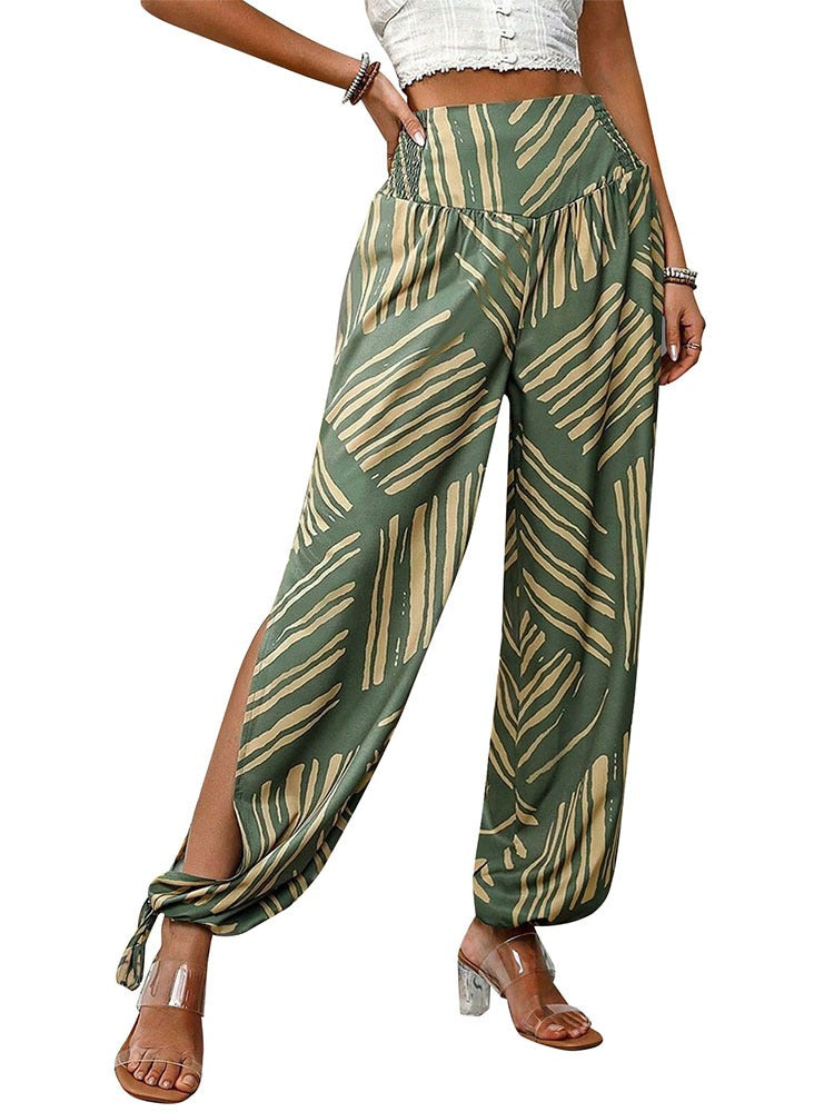 Women's Bohemian Style Green Split Leg Ankle Tie High Waist Harem Trousers