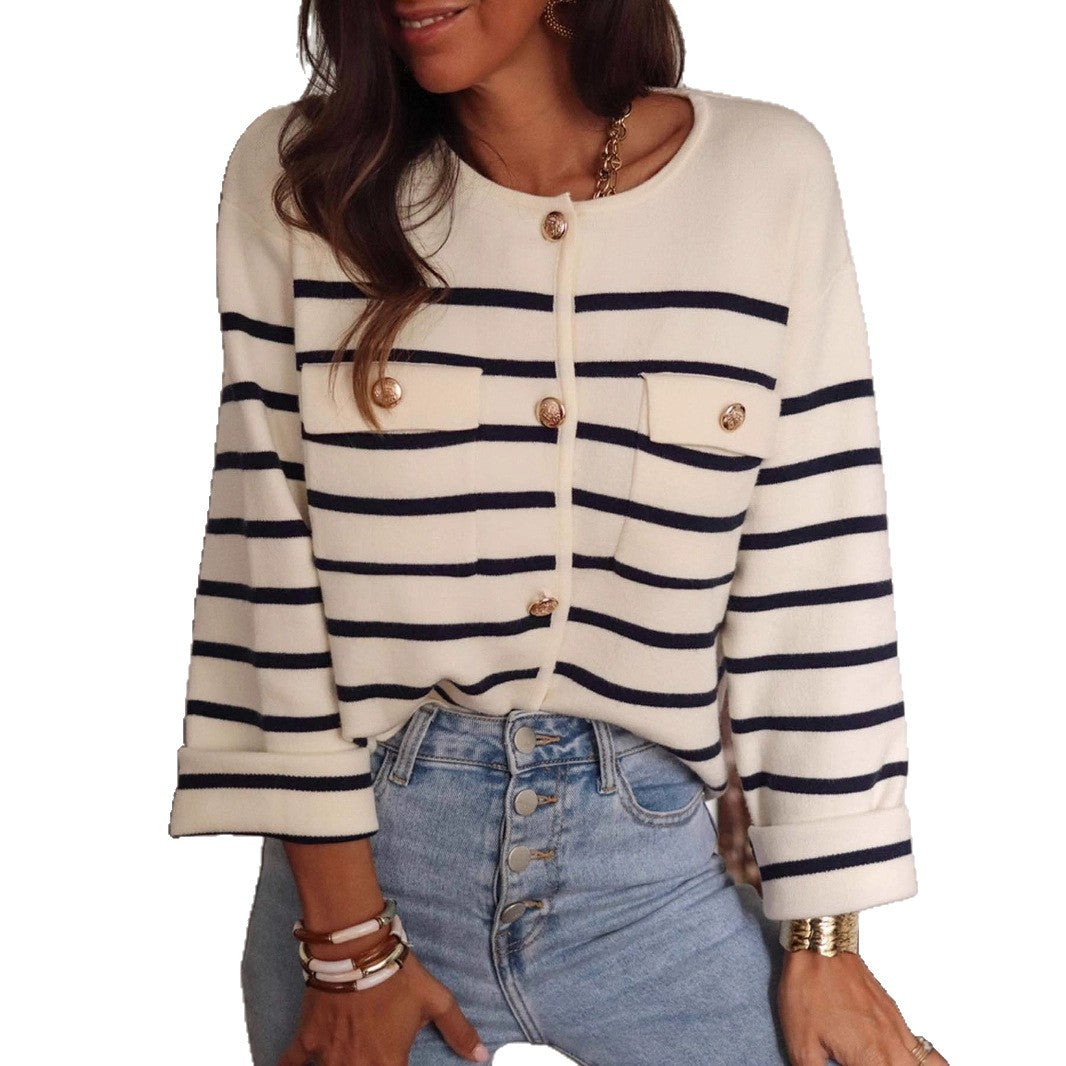 Women's Cream and Black Stripe Cardigan