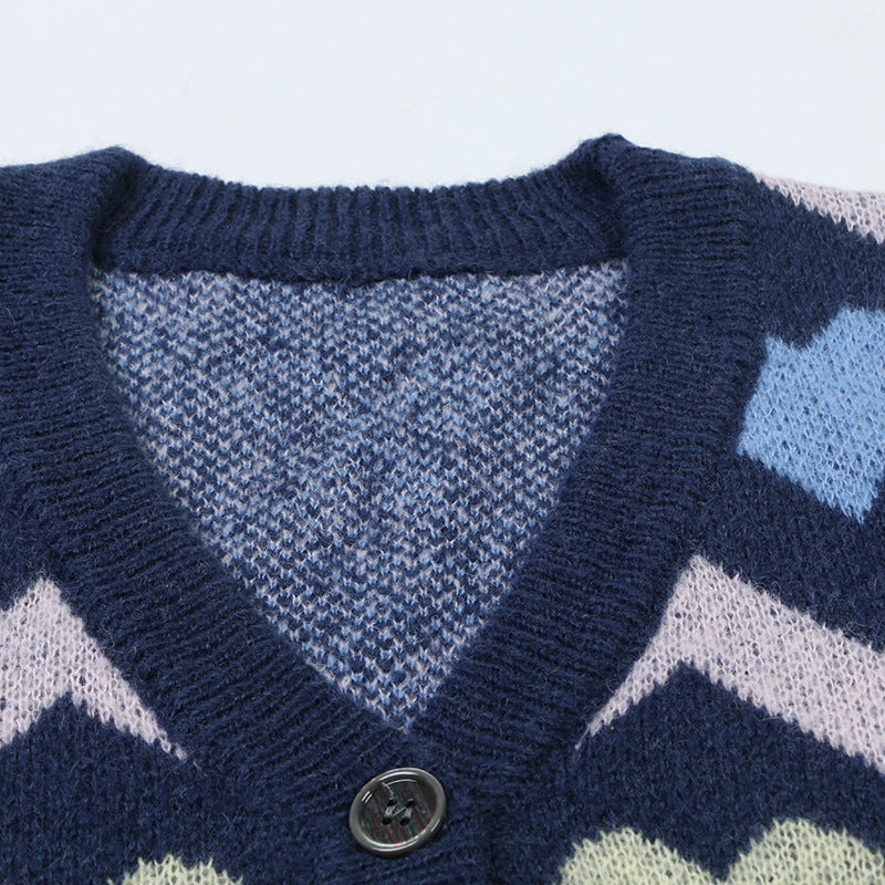 Women Love Heart Bow Knitted Cardigan Sweater V-Neck Long Sleeve Button Front