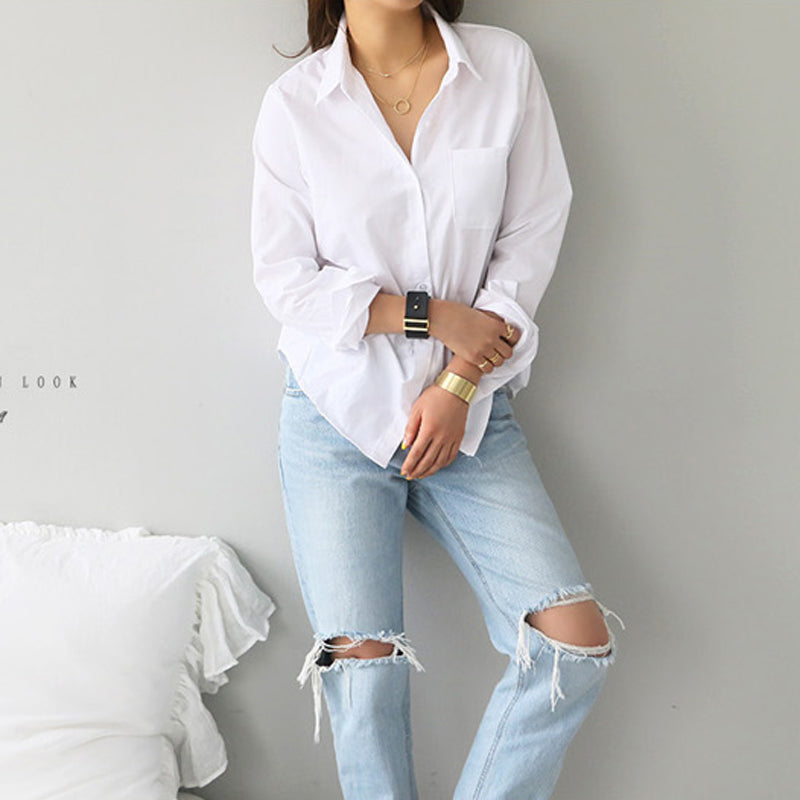 Women's Solid Colour Basic Blouse Long Sleeve Button Front Open Collar Loose Shirt