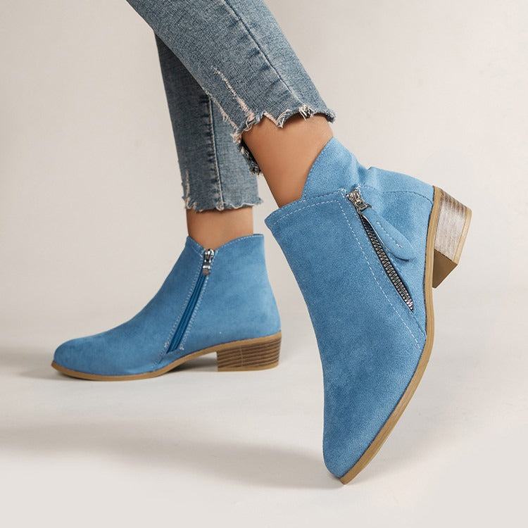 Women's Suede Ankle Boots Short Thick Heel Side Zipper