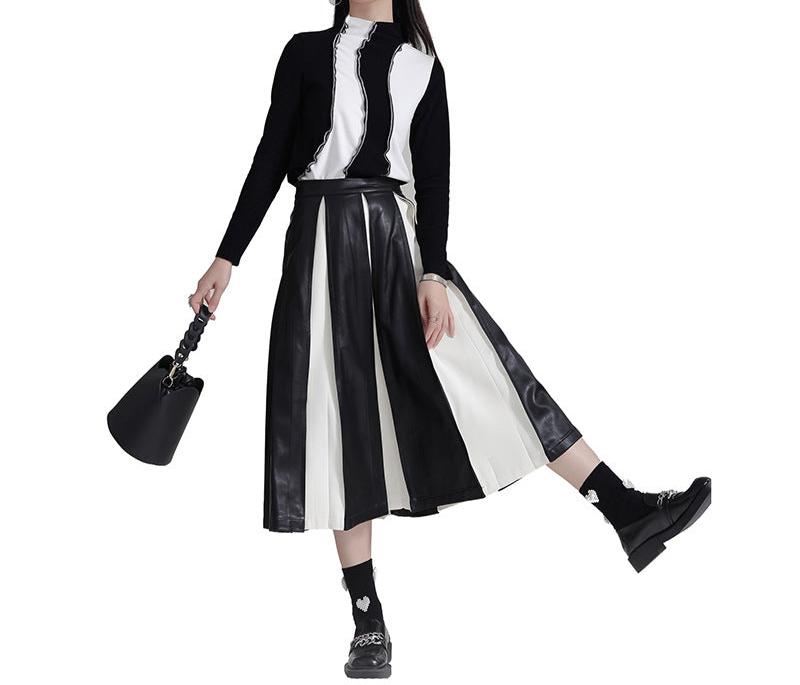 Women's PU Leather Black and White Patchwork Pleated Fitted Waist Ankle Length A-Line Skirt