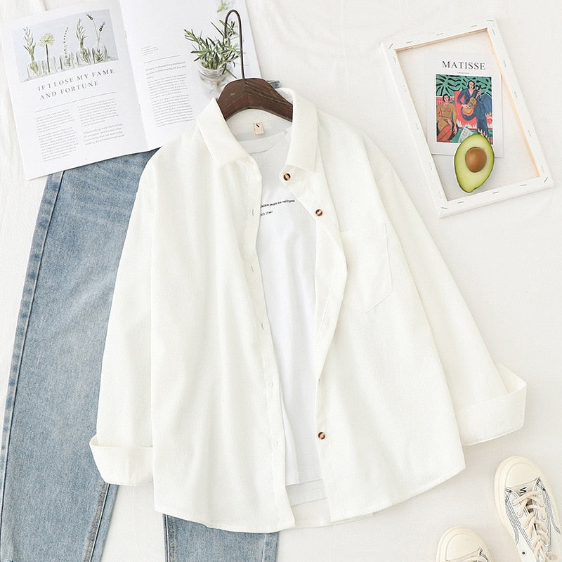 Women's Corduroy Shirt Long Sleeve Button Front Loose Fit Pocket Blouse
