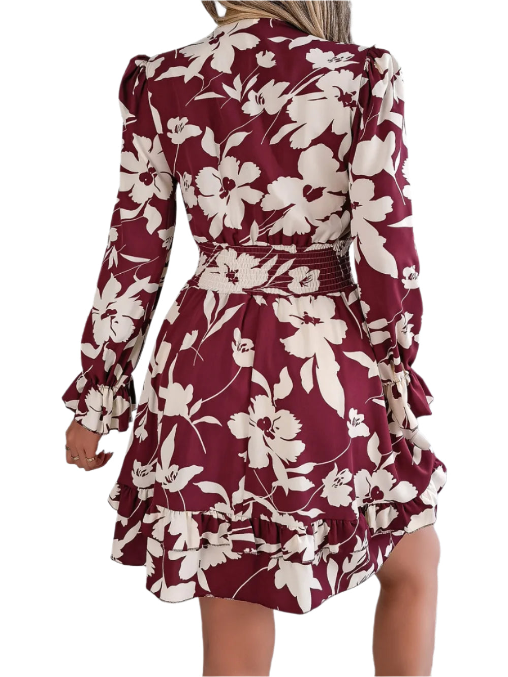 Women's Printed V Neck Tied Ruffled Long Sleeve Dress