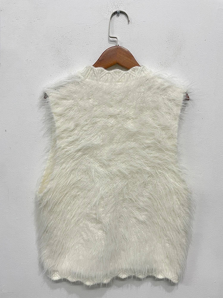 Women's Knitted Faux Fur Sweater Vest Elastic Round Neck Cotton Pullover Tank Top