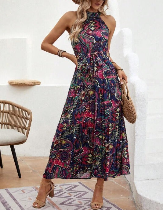 Women's Bohemian Style Abstract Print High Neck Maxi Dress
