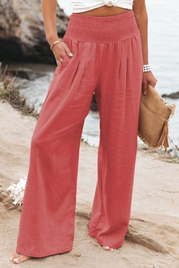Women's Bohemian Linen Loose Wide Leg Elastic Waist with Pockets Trousers