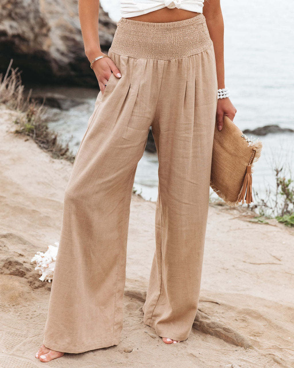 Women's Bohemian Linen Loose Wide Leg Elastic Waist with Pockets Trousers