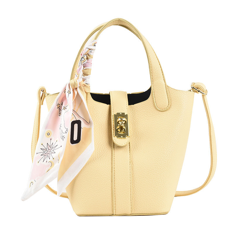 Women's Shoulder Handbag Lock Buckle Silk Scarf New Lychee Pattern Small Fresh Messenger Bucket Bag PU Leather