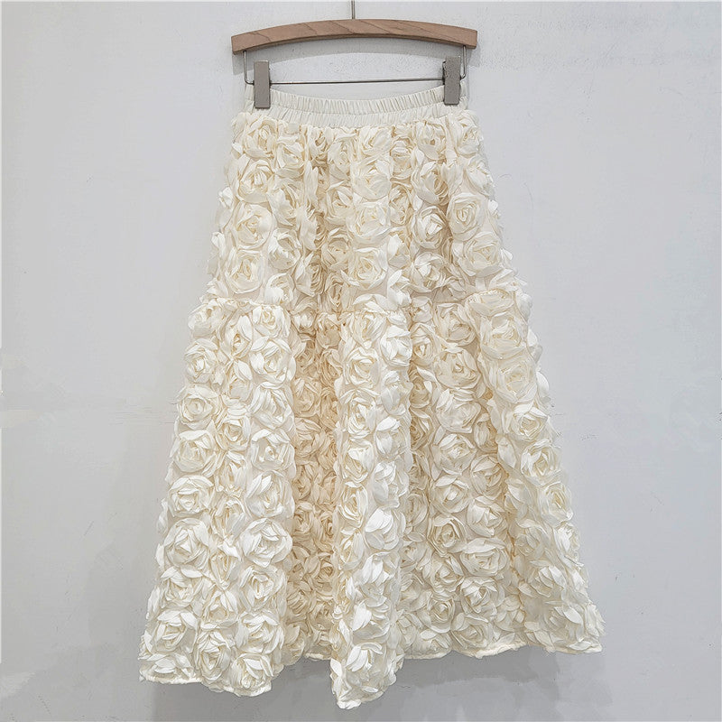 Women's Flower Rose Bud Embossed 3D Flare Midi Skirt