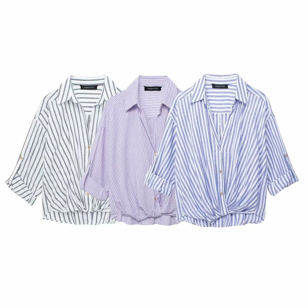 Women's Striped Knot Twist Front Shirt Linen V-Neck Blouse