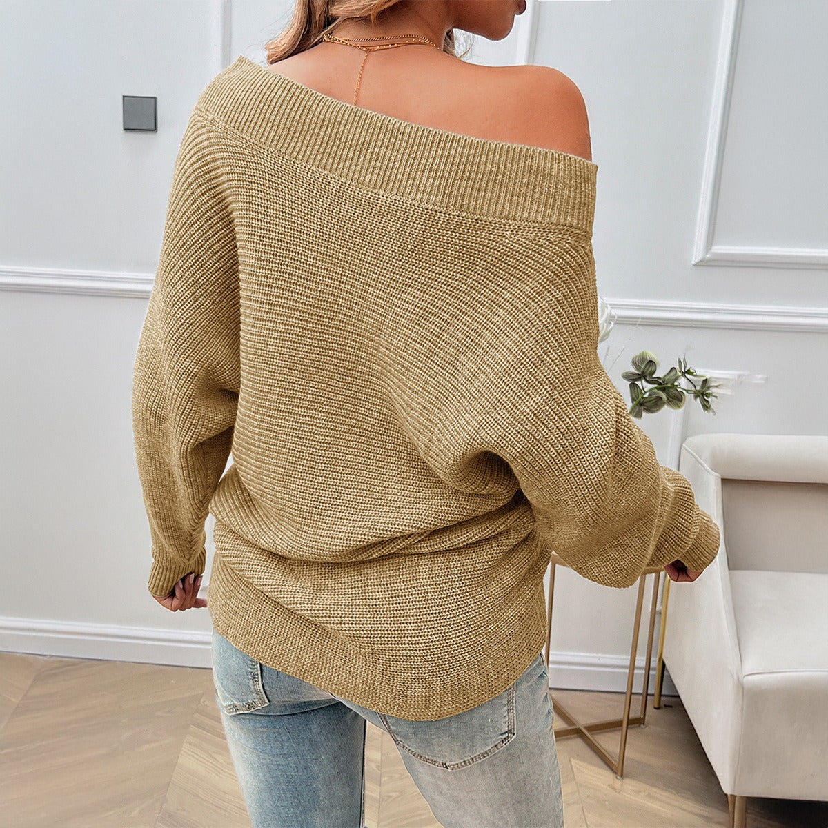 Women's Solid Colour Pearl Detail Knitted Sweater Loose Fitted Long Sleeve Off Shoulder Jumper Top