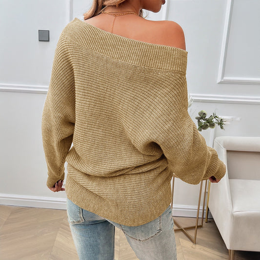 Women's Solid Colour Pearl Detail Knitted Sweater Loose Fitted Long Sleeve Off Shoulder Jumper Top