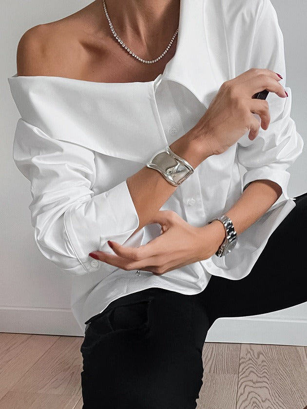 Women's Off Shoulder Irregular Collar Loose White Shirt