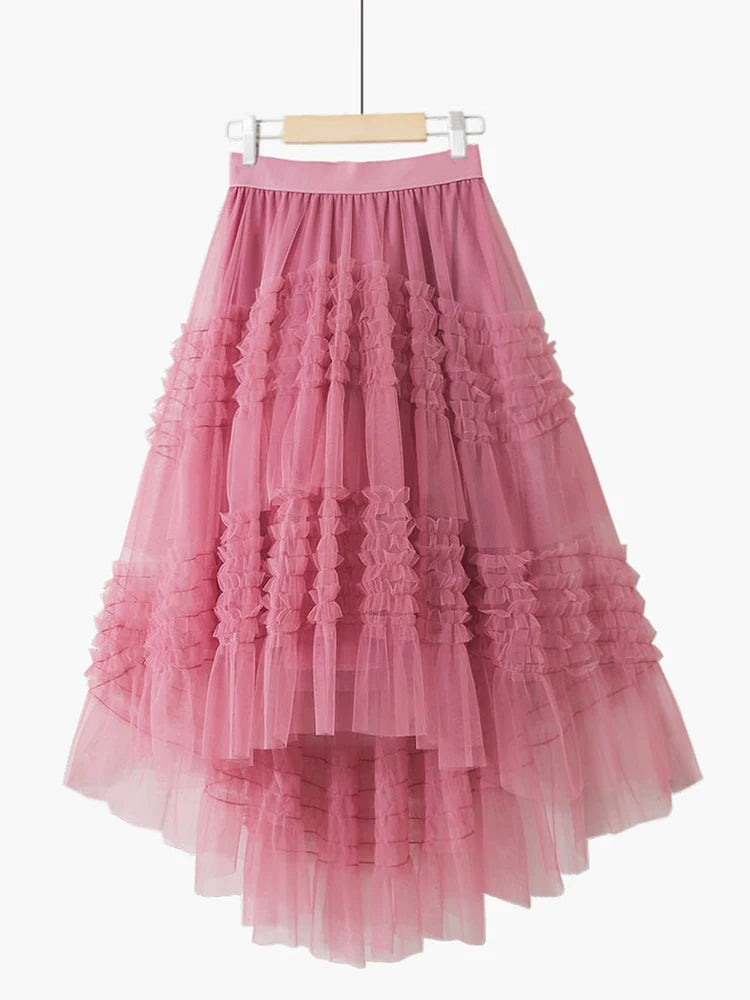 Women's Bohemian Style Ruffle Layered Scalloped Front Mesh Midi Skirt
