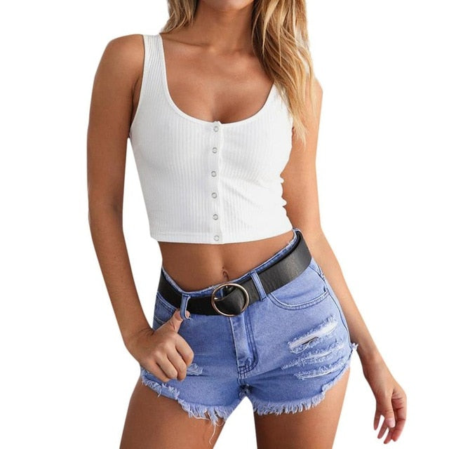 Women's Ribbed Mock Button Front Crop Top