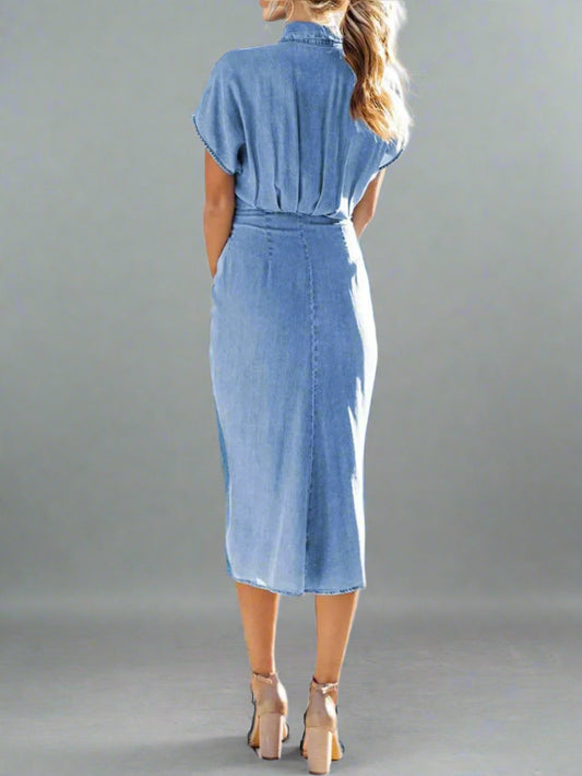 Women's Gathered Front Tie Waist Short Sleeve Denim Midi Dress