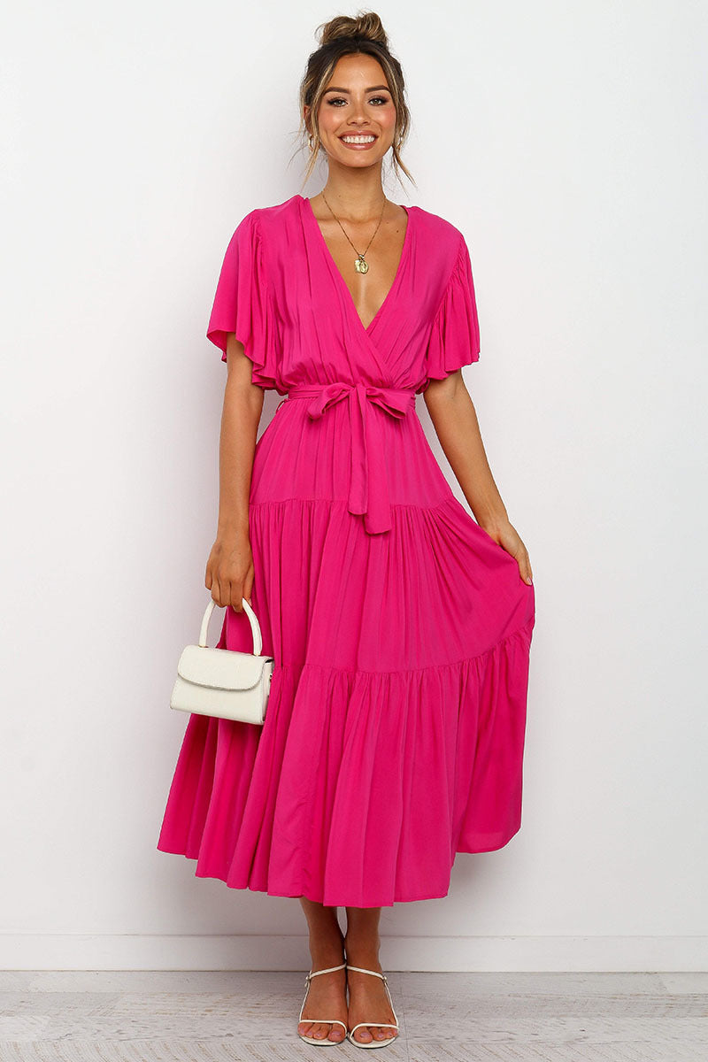 Women's Bohemian Solid Colour V-neck Tie Belt Waist Batwing Short Sleeve Dress