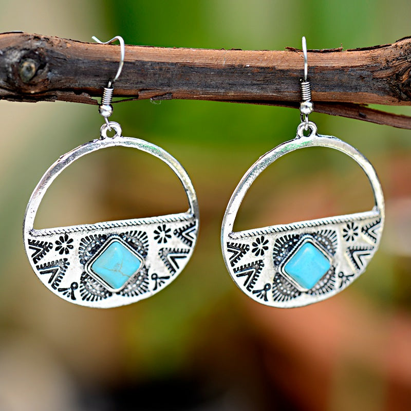 Women's Bohemian Gypsy Faux Turquoise Round Carved Earrings