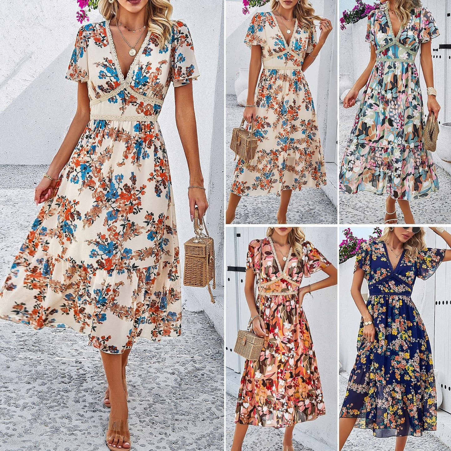 Women's Floral Print V-Neck Fitted Detailed Waist Midi Dress