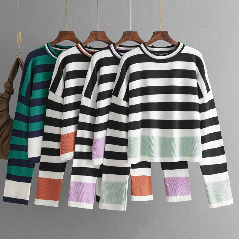 Women's Striped Long Sleeved Round Neck Knitted Sweater Jumper
