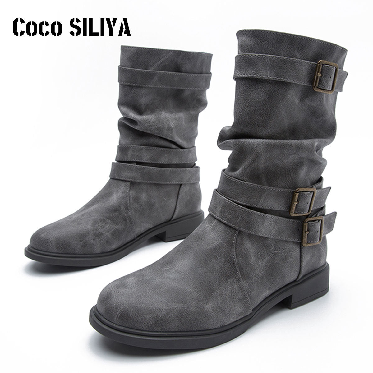 Women's Calf Boots Round Head Flat Heel Motorcycle Boots