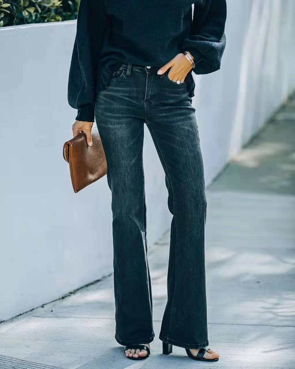 Women's Dark Denim Jeans High Waist Stretch Flare Trousers