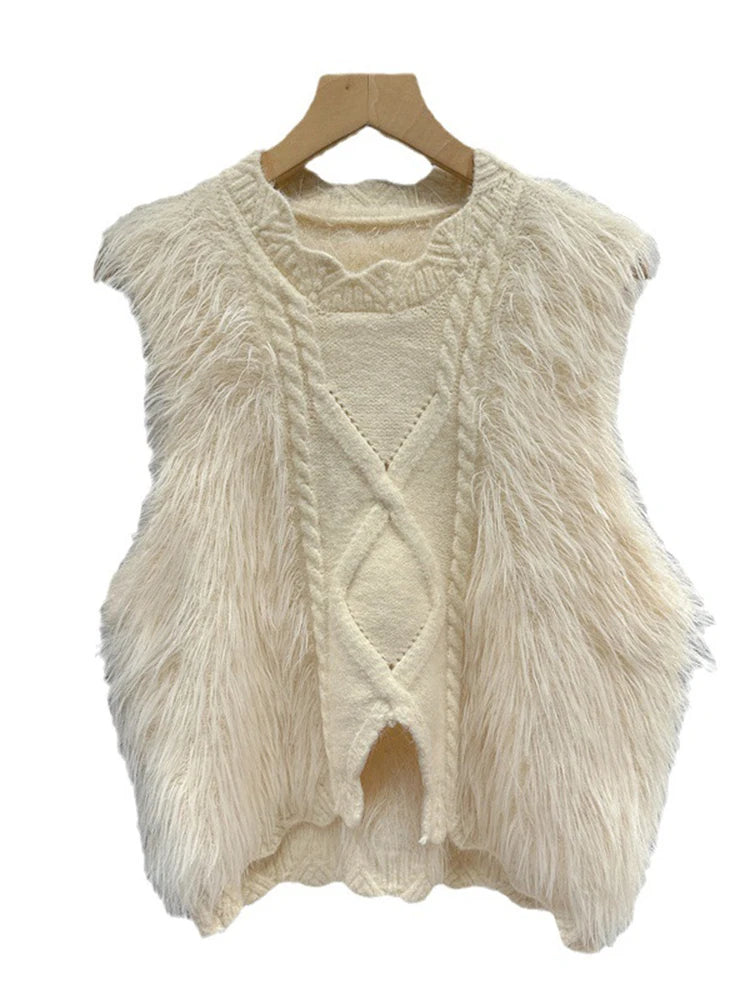Women's Knitted Faux Fur Sweater Vest Elastic Round Neck Cotton Pullover Tank Top