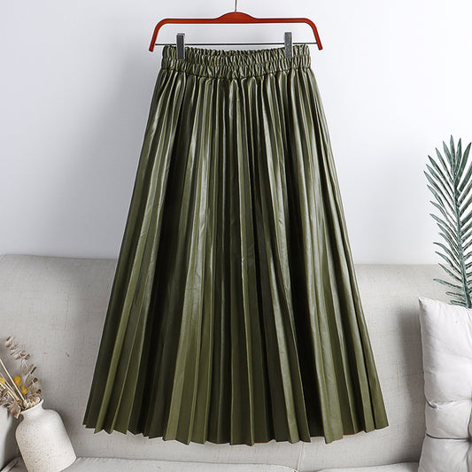 Women's PU Leather Pleated Midi Skirt