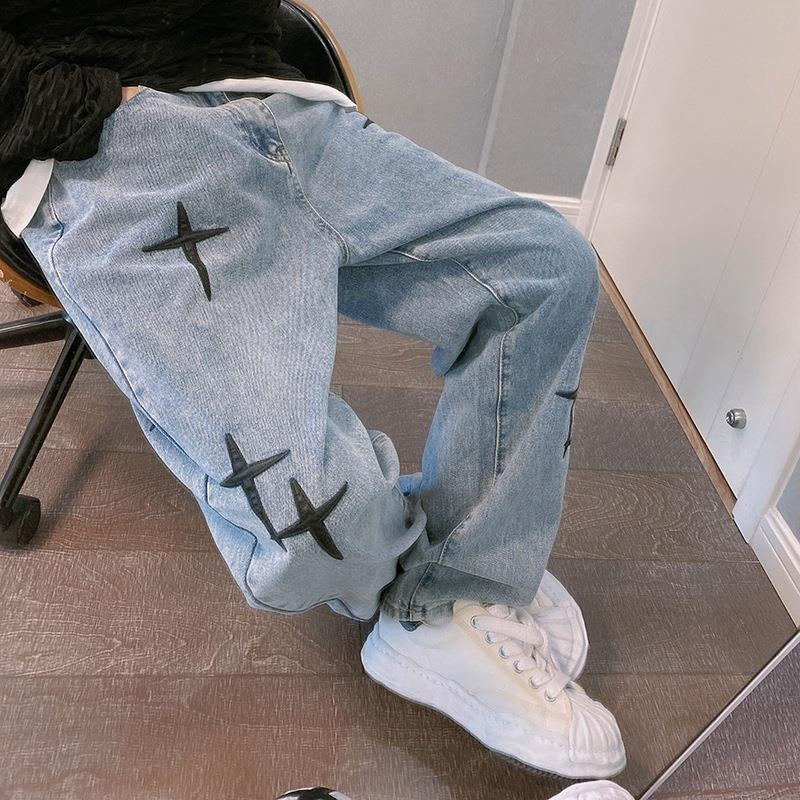Men's Cross Patch Embroidered Denim Jeans Loose Fit Straight Leg Trousers