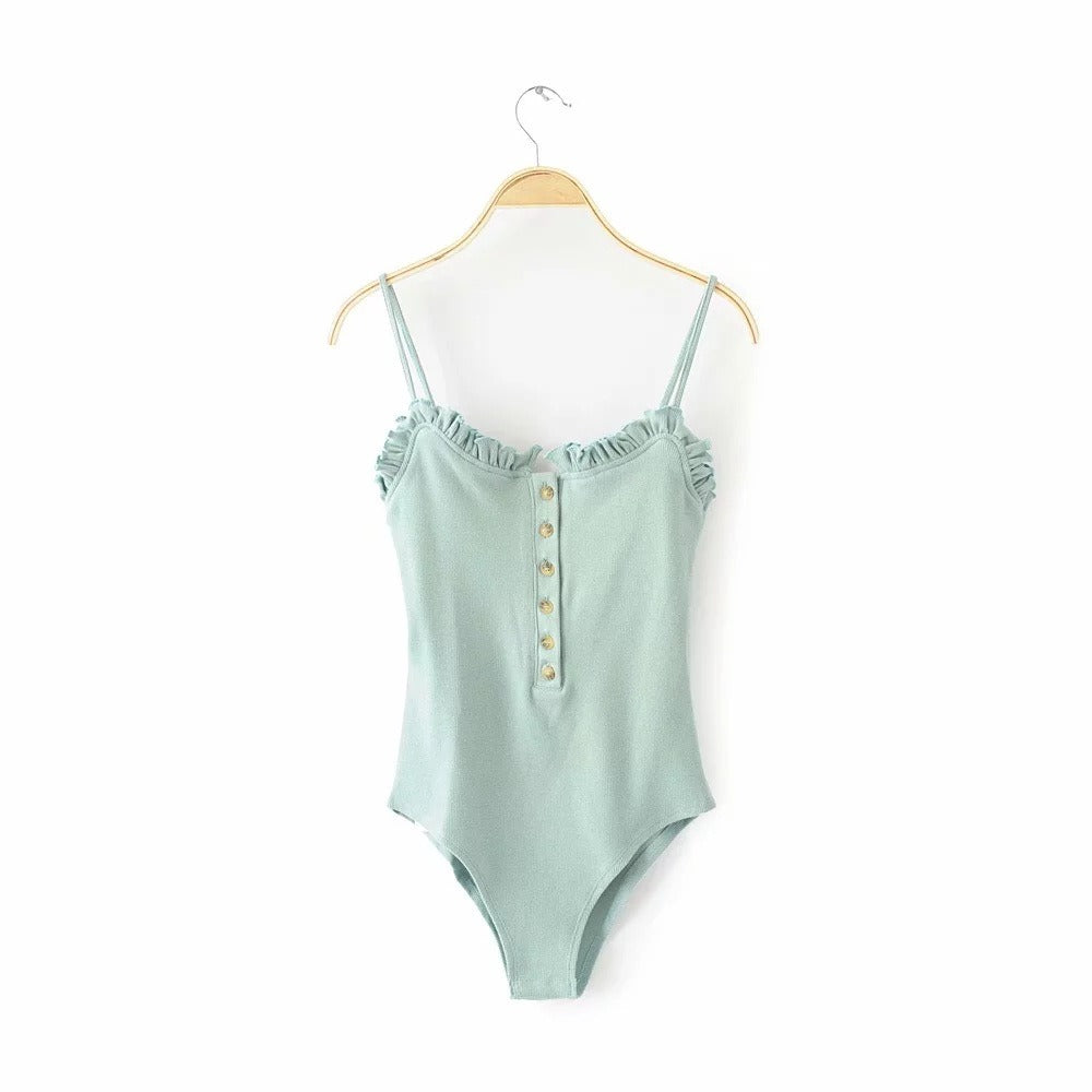 Women's Cotton Frilled Edge Button Detail Front Spaghetti Strap Bodysuit