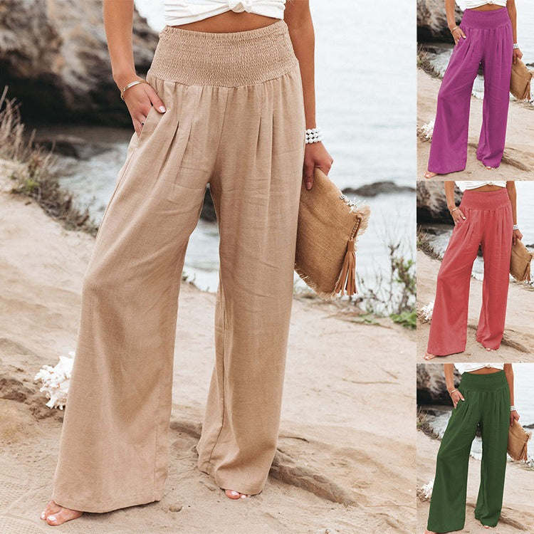 Women's Bohemian Linen Loose Wide Leg Elastic Waist with Pockets Trousers