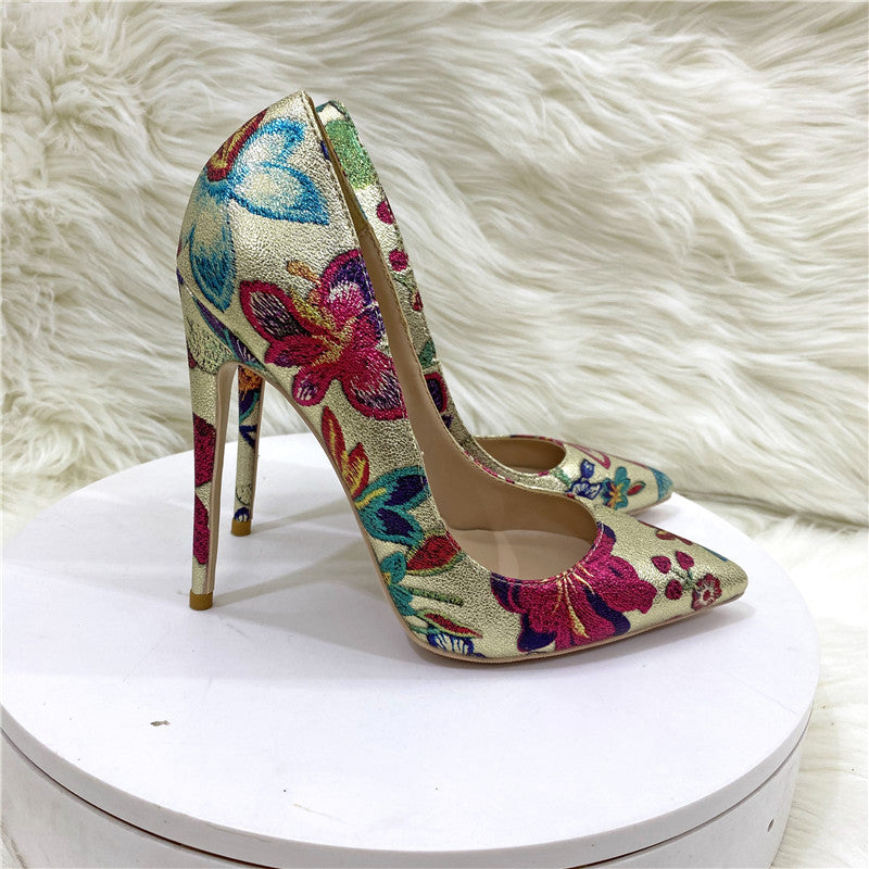 Women's Gold Pink Floral Pointed Toe Stiletto High Heel Shoes