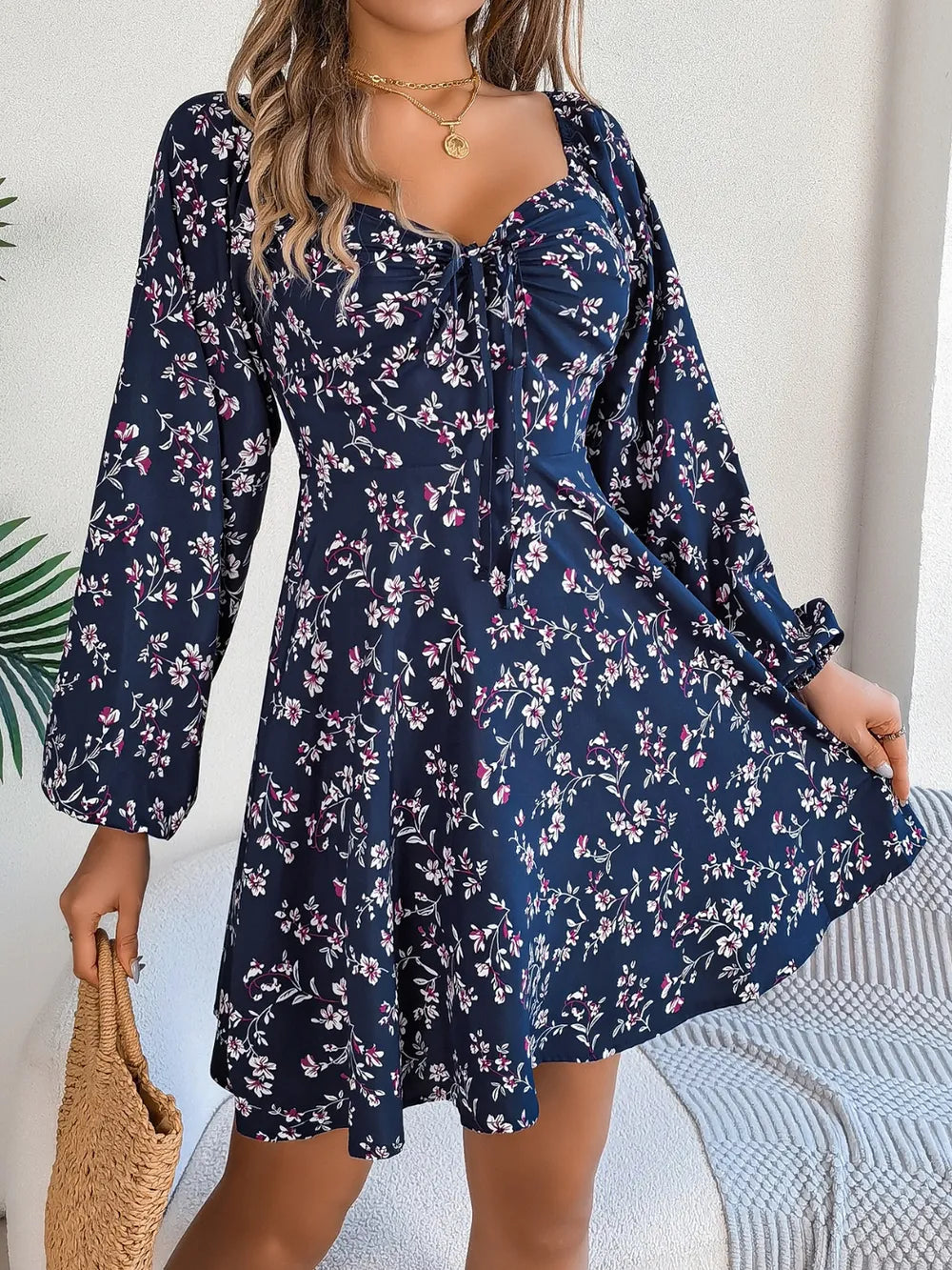 Women's Floral Print Sweetheart Neck Long Sleeve Mini Dress
