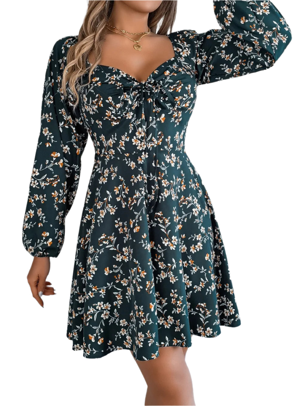 Women's Floral Print Sweetheart Neck Long Sleeve Mini Dress