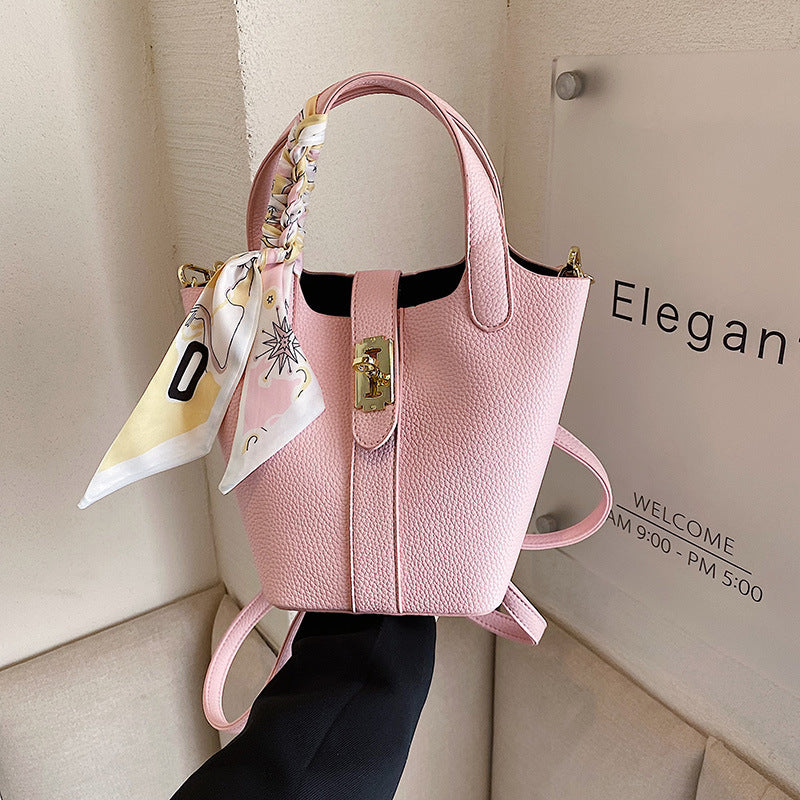 Women's Shoulder Handbag Lock Buckle Silk Scarf New Lychee Pattern Small Fresh Messenger Bucket Bag PU Leather