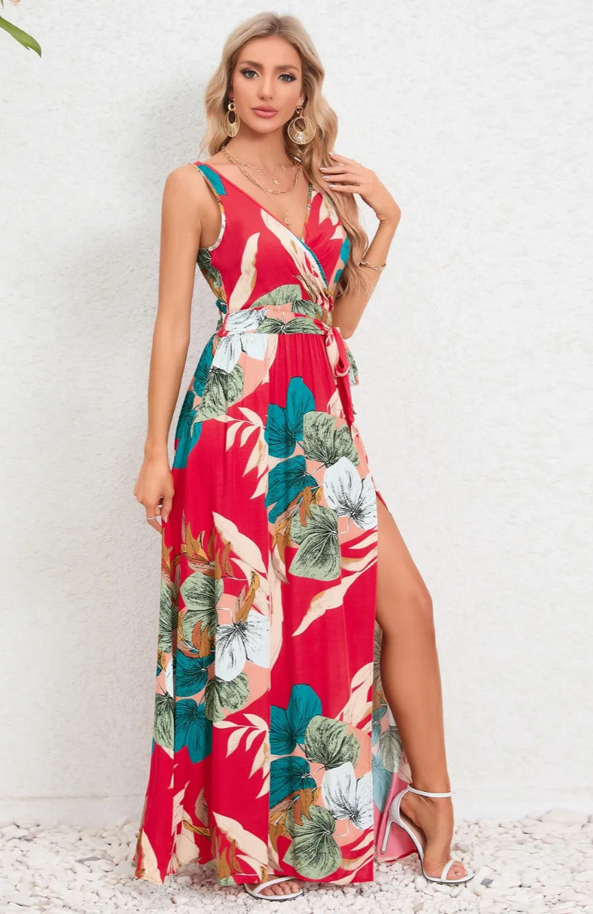 Women's Floral Print V Neck Tie Waist Split Leg Maxi Dress