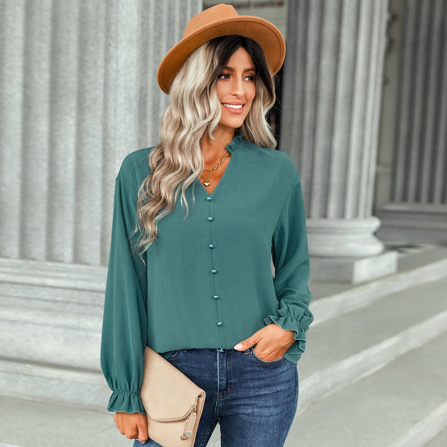 Women's V-Neck Button Detail Frill Collar and Cuffs Blouse