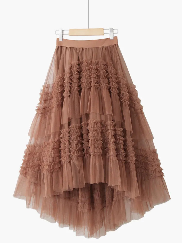 Women's Bohemian Style Ruffle Layered Scalloped Front Mesh Midi Skirt