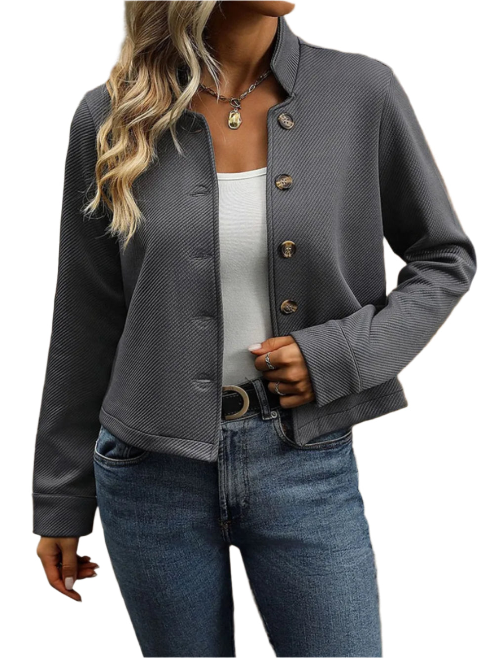 Women's Grey Textured Button Front Short Jacket