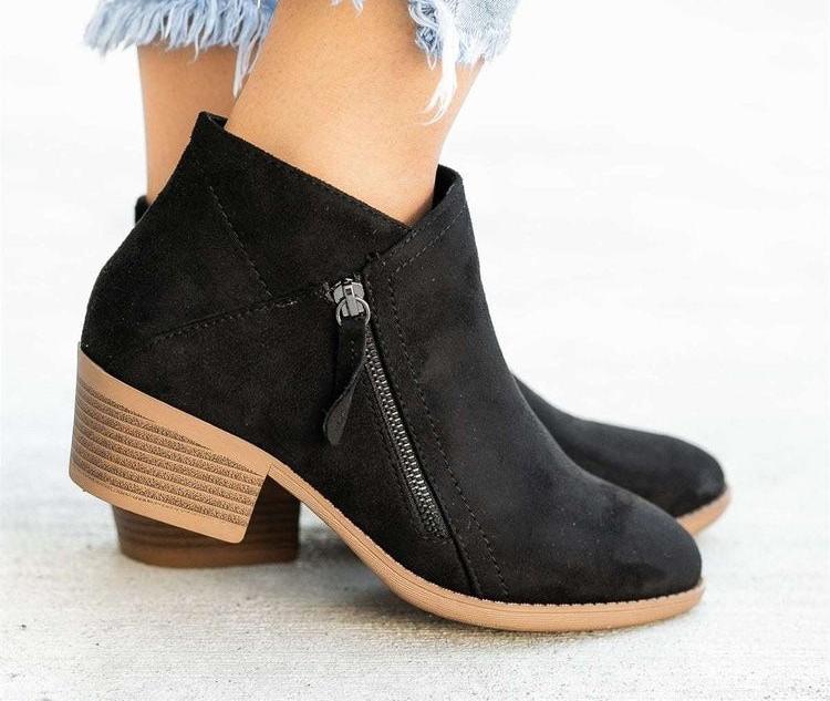 Women's Suede Ankle Boots Short Thick Heel Side Zipper