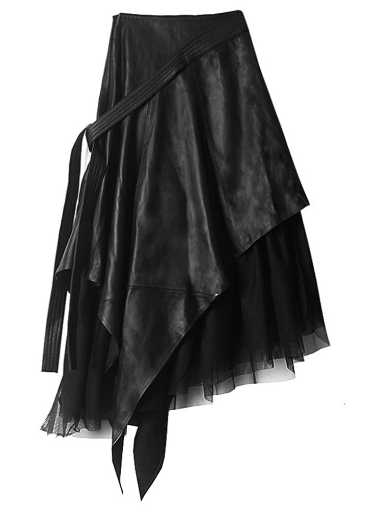 Women's PU Leather Patchwork Mesh High Waist Long Skirt
