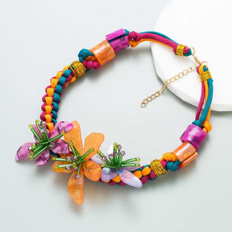 Women's Bohemian Style Hippie Resin Flower Bead Rope Necklace