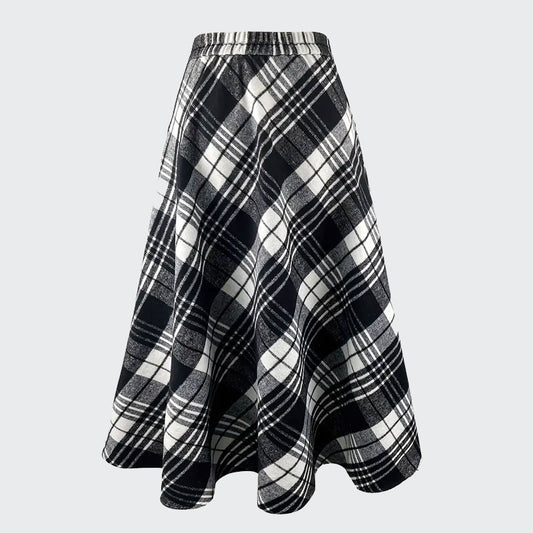 Women's Black and White Plaid Tweed Style Skirt Maxi Length A-line Flare with Pockets